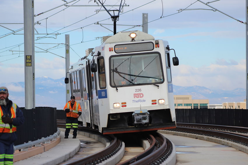 An RTD light rail train during a drill prior to the opening of the Southeast Rail Extension, which opened three new stations in Lone Tree in May, 2019.